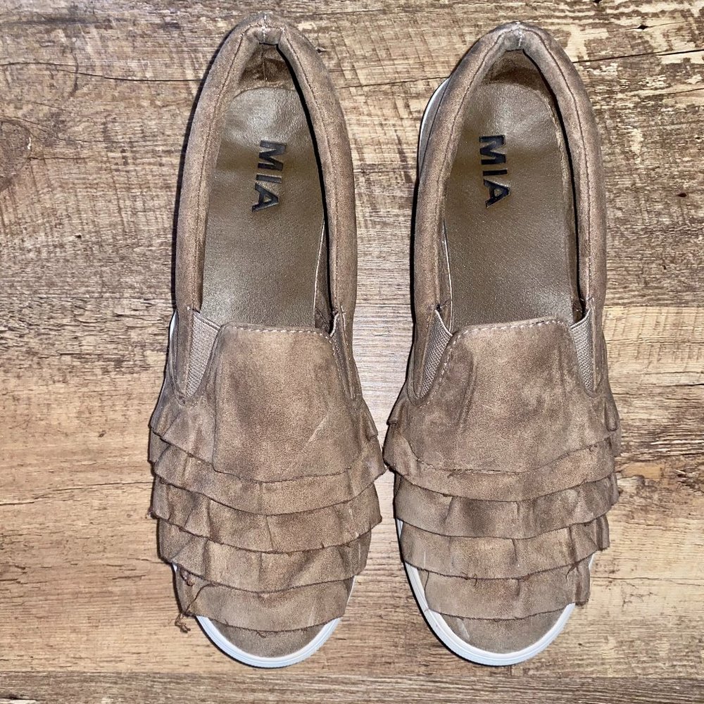 Tan Ruffle Slip-Ons